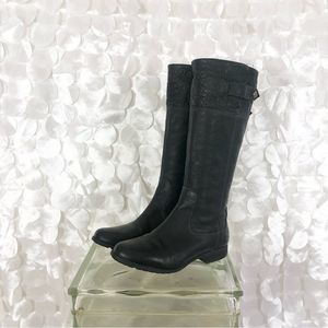 Timberland 7.5 Tall Black Pebbled leather knee high boots, embossed flowers